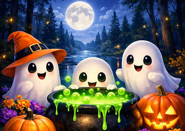 Cute Halloween Ghosts and Pumpkins