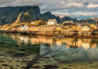 Norwegian fishing village with mountains