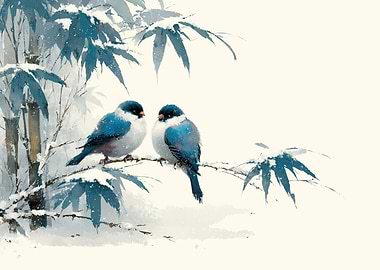 Two blue birds in snow