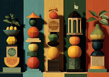 Stacked Fruits and Geometric Shapes