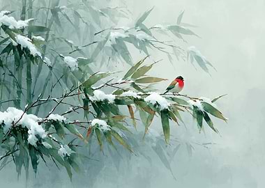 Bird on Snowy Bamboo Branch