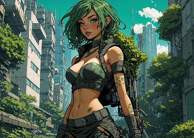 Post-Apocalyptic Cyberpunk Soldier Girl, Green Hair