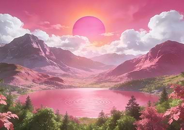 Surreal Pink Mountain Landscape with Lake