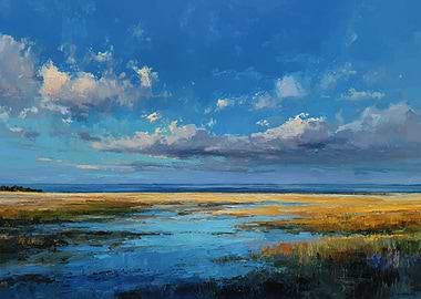 Impressionistic Marsh Landscape Under a Cloudy Sky