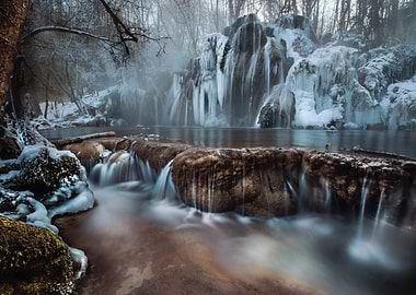 Frozen Waterfall in Winter Forest
