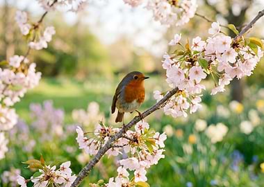 Robin on a cherry blossom branch
