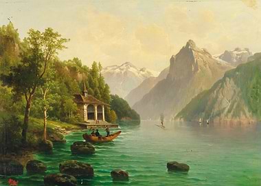 Alpine Lake with Boat and Building