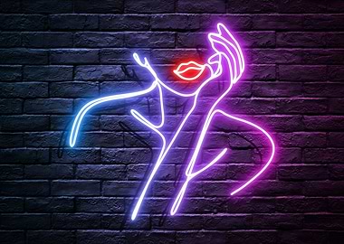 Seductive Neon Woman Face Outline on a black Brick Wall Backhround