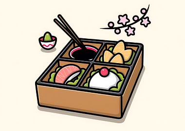 Cute Bento Box with Sushi and Cherry Blossoms