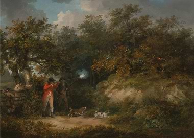 Hunters firing shotguns in a forest