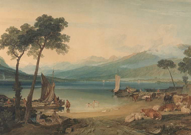 Lake Geneva with Mountains and Figures
