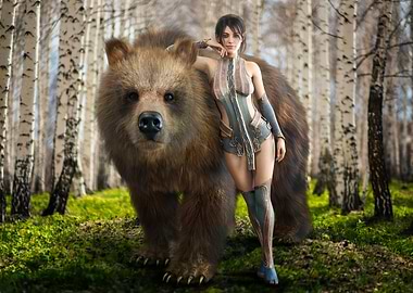 Fantasy Elven Woman and Bear in Forest