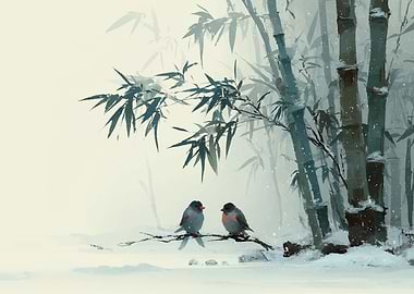 Two birds in a snowy bamboo forest