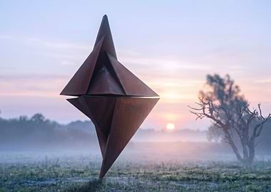 Sculpture in misty sunrise landscape