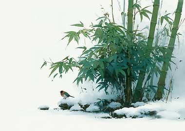 Bird on Snow-Covered Rocks with Bamboo