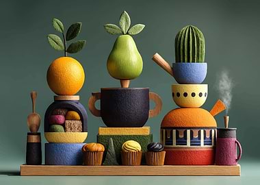 Whimsical Fruit and Cactus Still Life