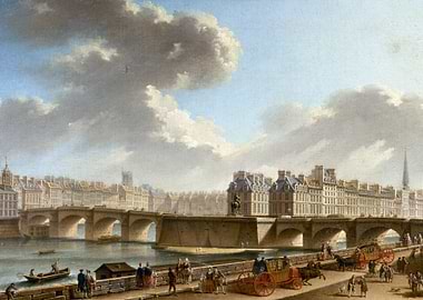 Parisian River Scene with Bridge and Carriages