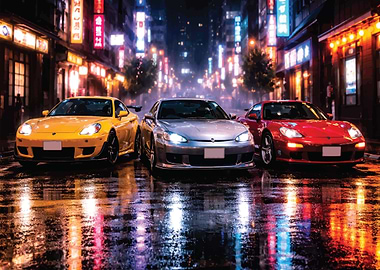 Three Sports Cars in a Rainy City