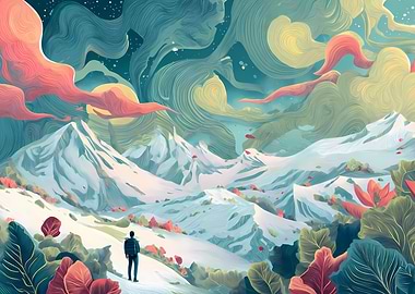 Man overlooking snowy mountains and surreal sky