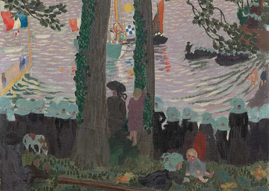 Impressionist painting of a riverside festival
