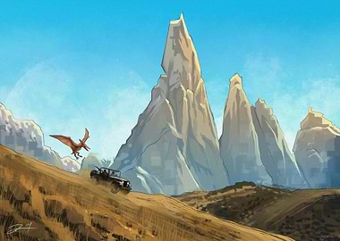Pterodactyl Attacks Jeep in Mountain Landscape