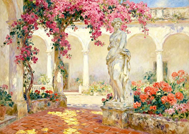 Courtyard with Statue and Flowers