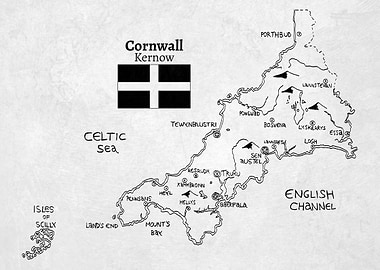 Handdrawn map of Cornwall