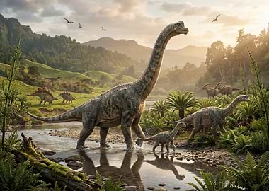 Dinosaurs in a prehistoric landscape