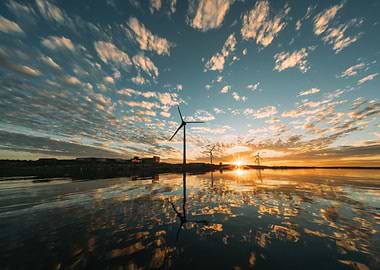 Wind Turbines Reflecting at Sunset