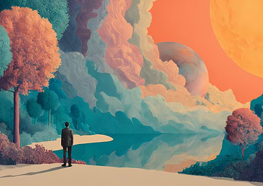 Man Gazing at Surreal Cosmic Landscape