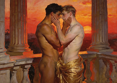 Two men embracing at sunset