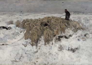 Shepherd with Sheep in Snow