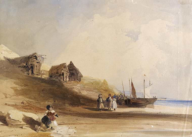 Coastal Village Scene with Boats and Figures