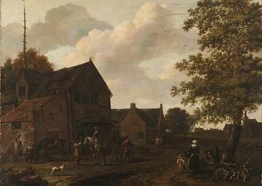 Rural Inn Scene with Figures and Horses