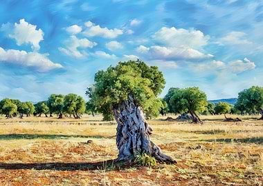 Ancient Olive Tree in a Field