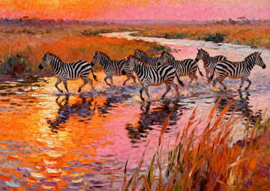 Zebras crossing a river at sunset