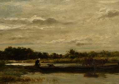 Rural River Scene with Cattle and Figures