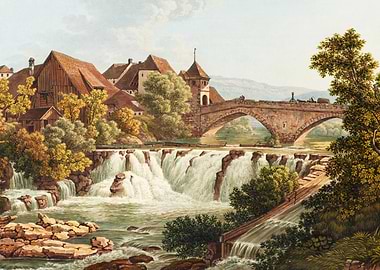 Scenic Waterfall and Bridge Landscape