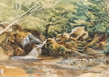 Watercolor painting of a forest stream
