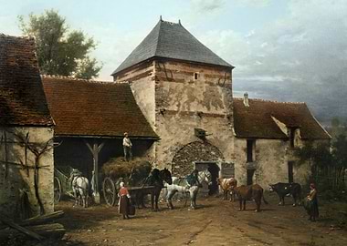 Farmyard scene with horses and cows