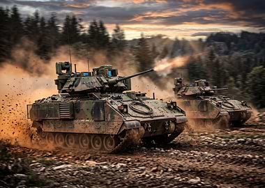 Military Tanks Firing in Forest