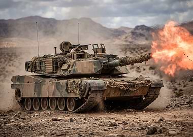 Tank firing in desert landscape