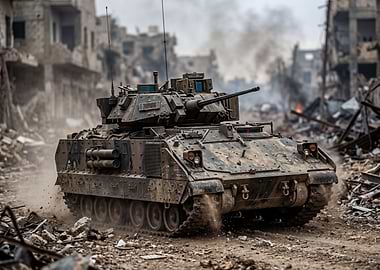 Military tank in destroyed city