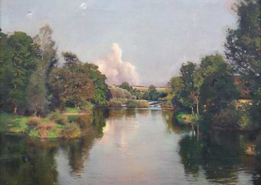 River landscape with trees and clouds