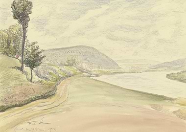 River landscape with a road and trees