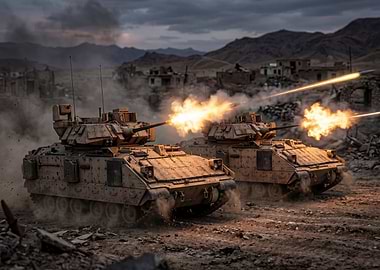 Tanks firing in a war-torn landscape