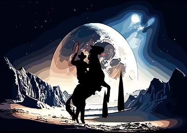 Cowboy and Horse Under the Moon