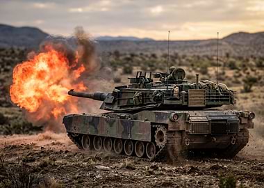 Tank Firing in Desert Landscape