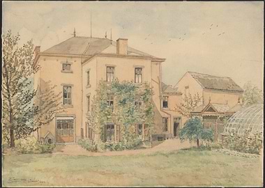 Watercolor painting of a house with a greenhouse