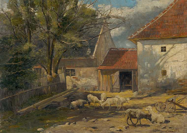Farmyard scene with sheep and buildings